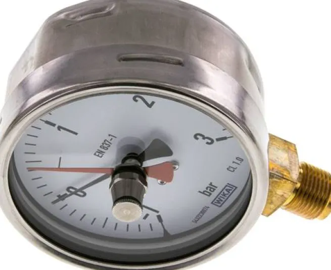 Manometer senkrecht (CrNi/Ms), 100mm, -1 bis 3 bar, mit rückstellbarem Schleppzeiger
