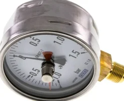 Manometer senkrecht (CrNi/Ms), 100mm, -1 bis 1,5 bar, mit rückstellbarem Schleppzeiger