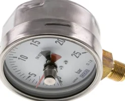 Manometer senkrecht (CrNi/Ms), 100mm, 0 - 25 bar, mit rückstellbarem Schleppzeiger