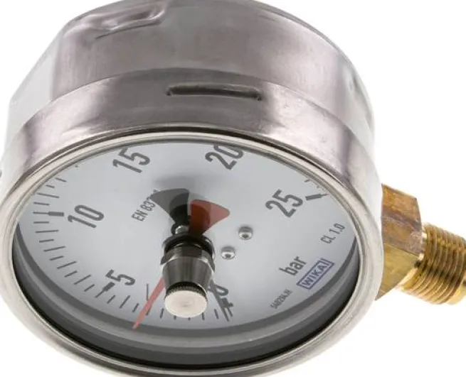 Manometer senkrecht (CrNi/Ms), 100mm, 0 - 25 bar, mit rückstellbarem Schleppzeiger