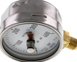 Manometer senkrecht (CrNi/Ms), 100mm, 0 - 400 bar, mit rückstellbarem Schleppzeiger