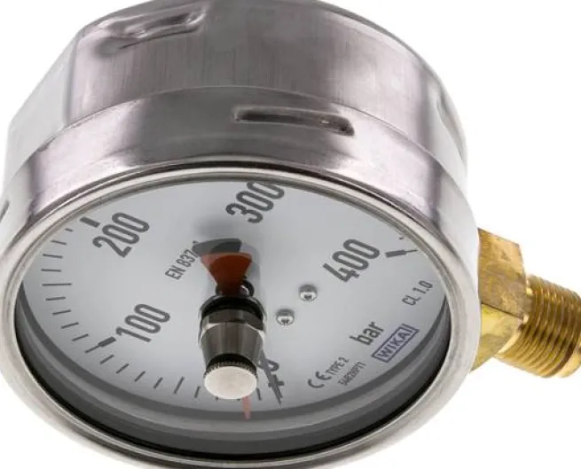 Manometer senkrecht (CrNi/Ms), 100mm, 0 - 400 bar, mit rückstellbarem Schleppzeiger