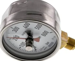 Manometer senkrecht (CrNi/Ms), 100mm, 0 - 600 bar, mit rückstellbarem Schleppzeiger