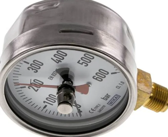 Manometer senkrecht (CrNi/Ms), 100mm, 0 - 600 bar, mit rückstellbarem Schleppzeiger
