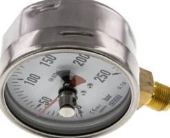 Manometer senkrecht (CrNi/Ms), 100mm, 0 - 250 bar, mit rückstellbarem Schleppzeiger