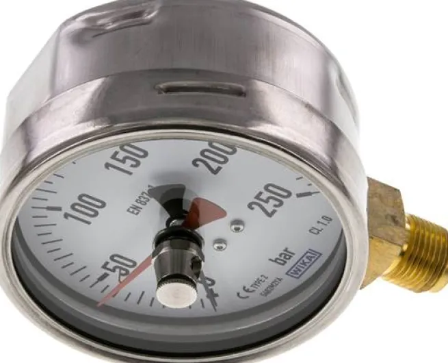 Manometer senkrecht (CrNi/Ms), 100mm, 0 - 250 bar, mit rückstellbarem Schleppzeiger