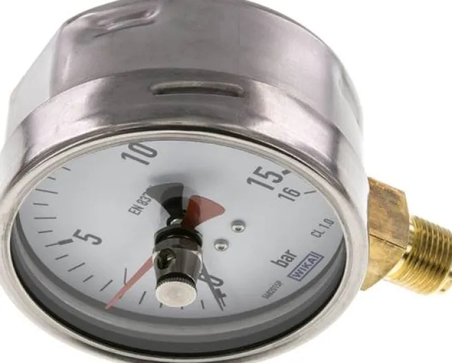 Manometer senkrecht (CrNi/Ms), 100mm, 0 - 16 bar, mit rückstellbarem Schleppzeiger