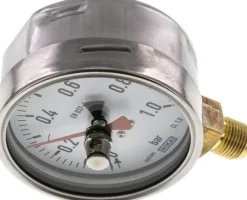 Manometer senkrecht (CrNi/Ms), 100mm, 0 - 1 bar, mit rückstellbarem Schleppzeiger
