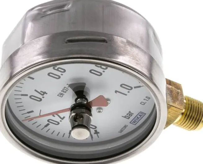 Manometer senkrecht (CrNi/Ms), 100mm, 0 - 1 bar, mit rückstellbarem Schleppzeiger