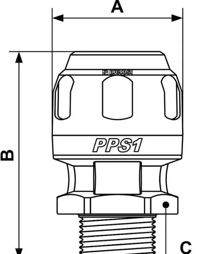 PREVOST-GERADE MUFFE MIT AUSSENGEWINDE für Rohr mit außen-Ø = 20 AG BSPT = R 3/4 AG NPT =