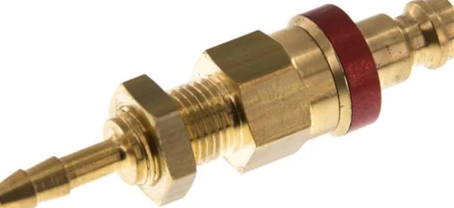 Schott-Kupplungsstecker (NW5) 6x4mm Schlauch, Messing, beidseitig absperrend, rot