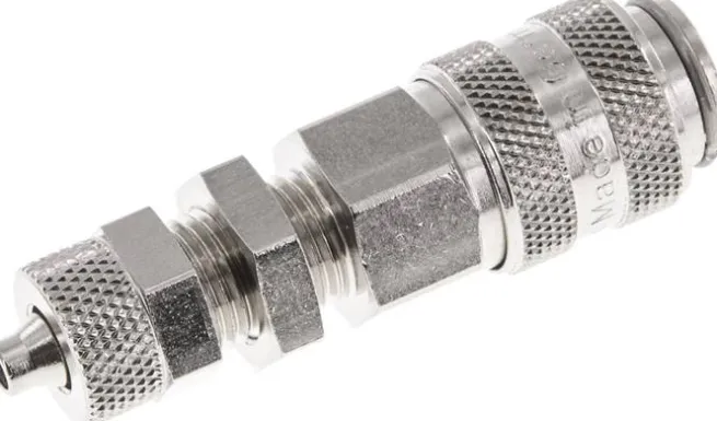 Schott-Schnellkupplung (NW5) 6x4mm Schlauch, Messing vernickelt, für Stecker beidseitig absperrend