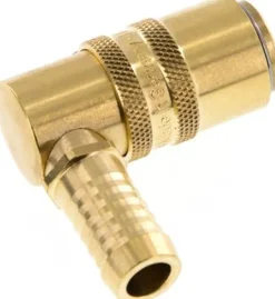 Temperier-Schnellkupplung (Winkel 90°) 13mm Zapfen, 13 (1/2")mm Schlauch, für Stecker beidseitig absperrend mit Entriegelungssicherung