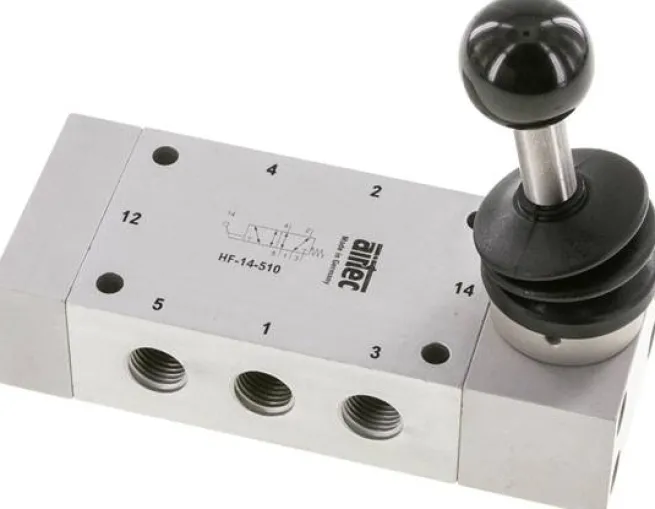 5/2-Wege Handhebelventil, Federrückstellung, G 1/4", Handhebel: Edelstahl