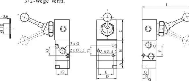 3/2-Wege Handhebelventil, Federrückstellung, G 1/4", -0,95 bis 10 bar