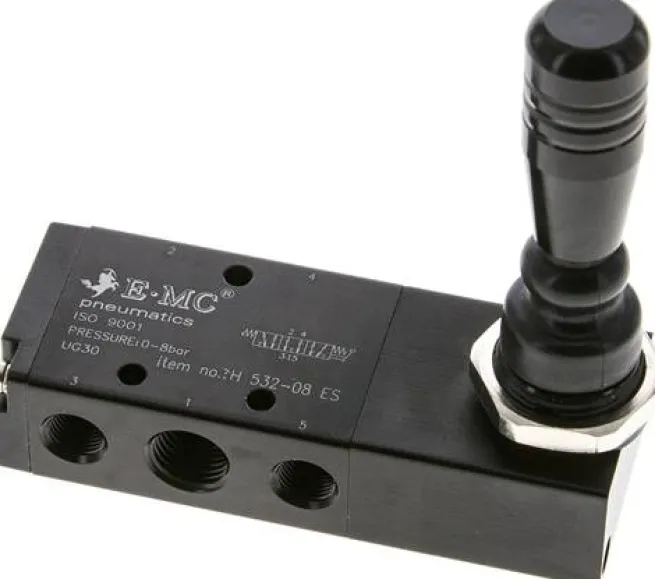 5/3-Wege Handhebelventil, G 1/4", Mittelstellung entlüftet, Federrückstellung, H 532-08 ES