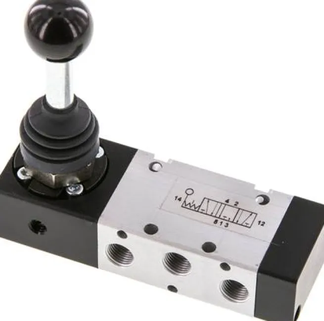 5/3-Wege Handhebelventil, G 1/8", Mittelstellung entlüftet, Raste, -0,95 bis 10 bar