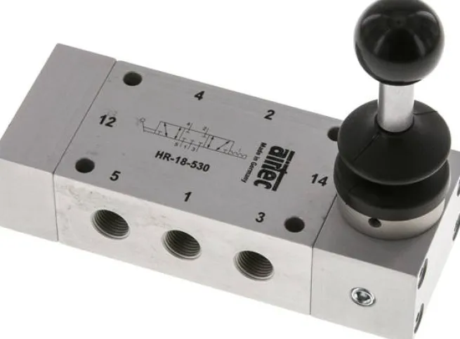 5/3-Wege Handhebelventil, Mittelstellung geschlossen, Raste, G 1/8"