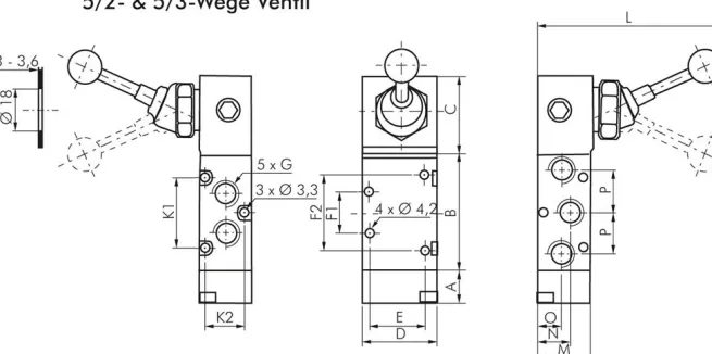 5/2-Wege Handhebelventil, Raste, G 1/8", -0,95 bis 10 bar