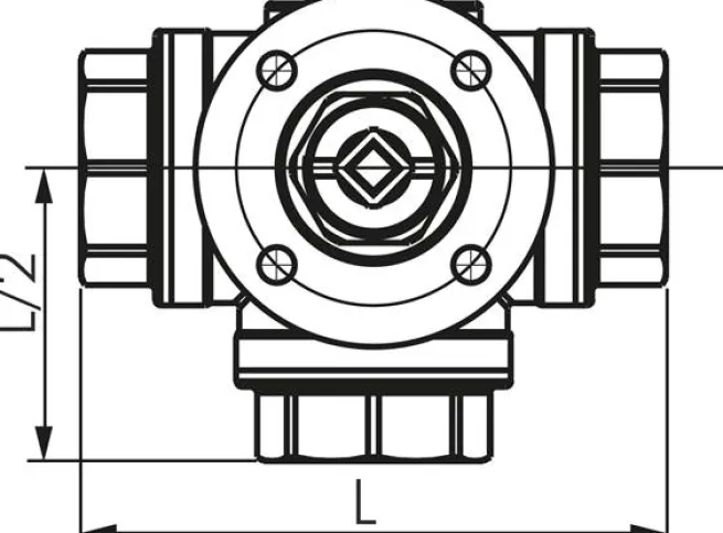 3-Wege-Kugelhahn, Direktmontageflansch G 1/2", L-Bohrung, Messing