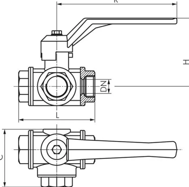 3-Wege Kugelhahn, Messing, L-Bohrung, G 1/4", -0,9 bis 55bar