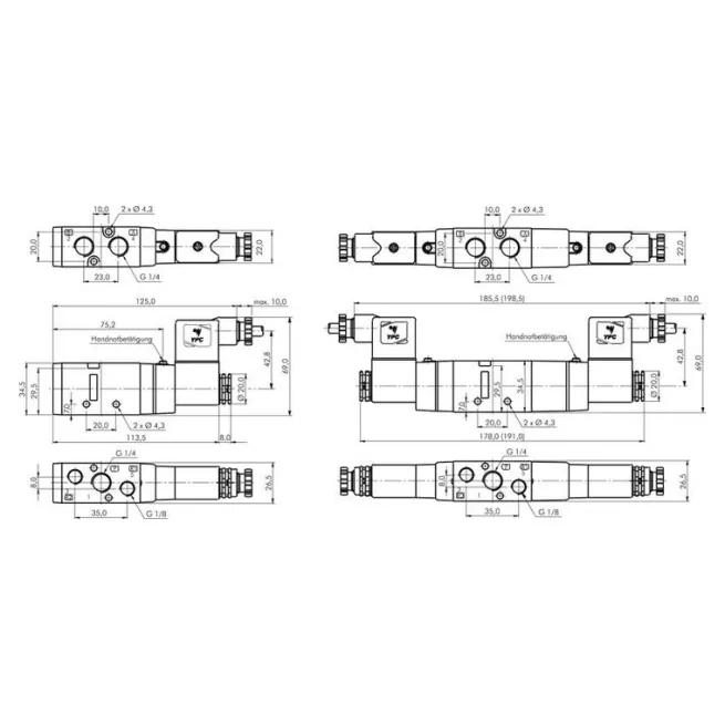 5/2-Wege Magnetventil, G 1/4" (Abluft G 1/8"), Federrückstellung, 230 V AC