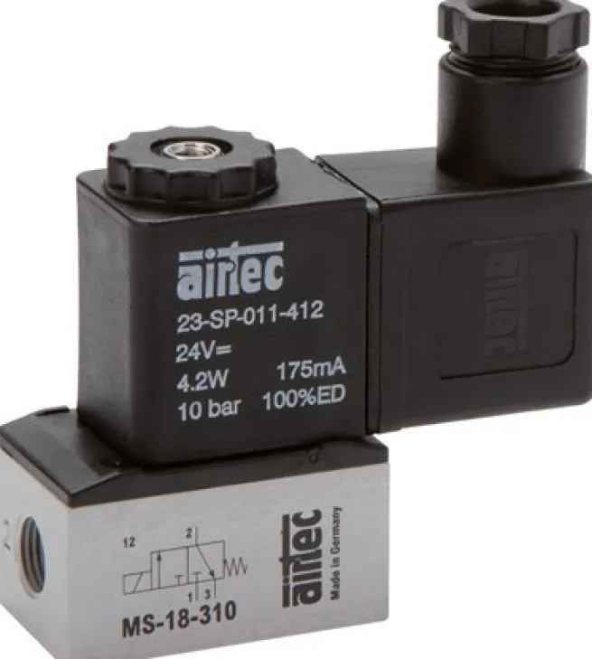 3/2-Wege Magnetventil, G 1/8", 24 V=, Federrückstellung (NC) 24V=, mit Hand-Notbetätigung
