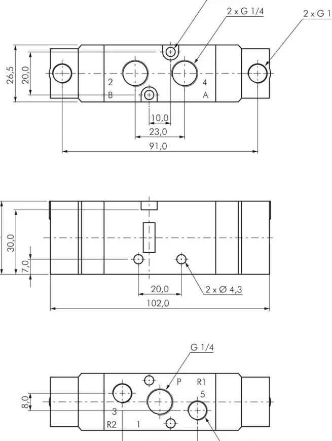 5/2-Wege Pneumatikventil, G 1/4" (Pilot u. Abluft G 1/8"), Impulsventil