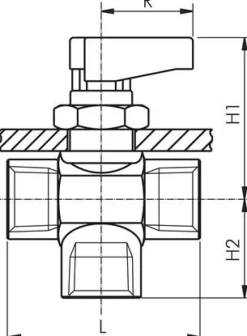 3-Wege T-Kugelhahn, Messing, L-Bohrung, G 1/4", PN 20, Messing verchromt, Dichtung: PTFE / NBR