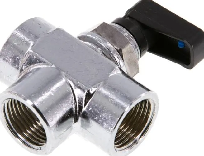 3-Wege T-Kugelhahn, Messing, L-Bohrung, G 3/8", PN 20, Messing verchromt, Dichtung: PTFE / NBR