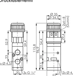 5/2-Wege Ventil G 1/4" (Abluft G 1/8"), Drucktaster schwarz