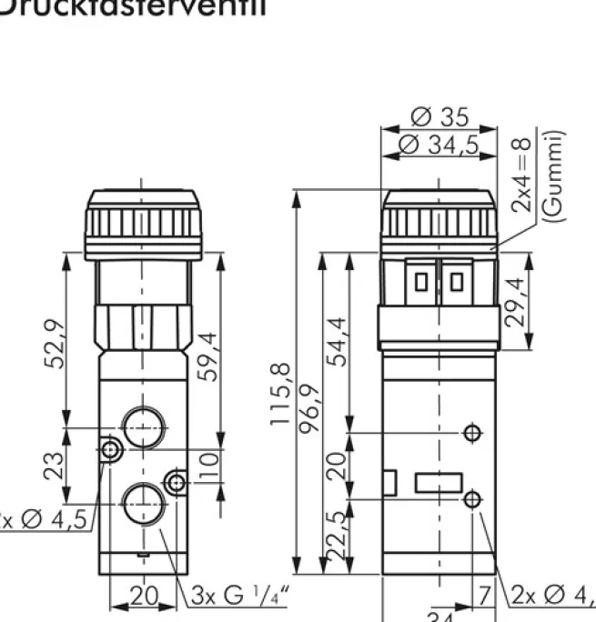 5/2-Wege Ventil G 1/4" (Abluft G 1/8"), Drucktaster schwarz