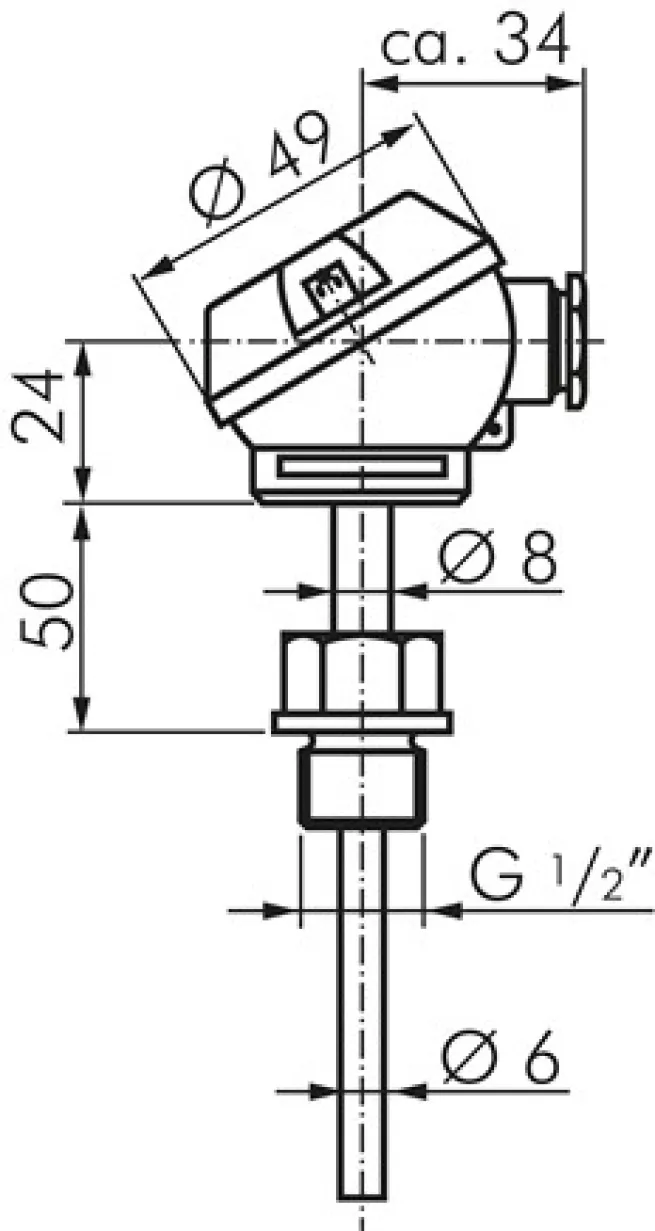 Widerstandsthermometer Pt100 (2-Leiter), G1/2"-6x250mm, mit kurzem Halsrohr